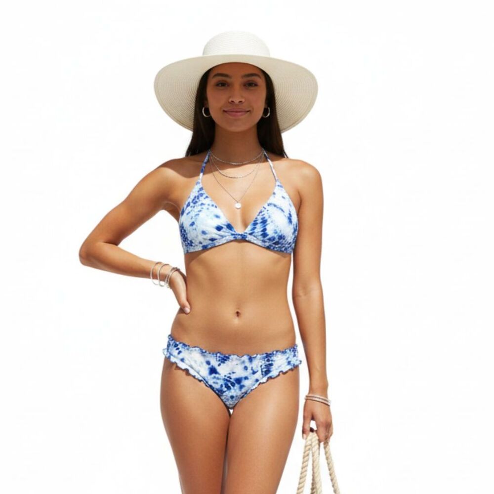 Victoria’s Secret Blue & White Print Ruffle 2 Piece Bikini Swim Set M/L